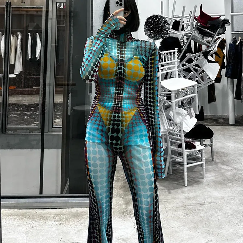 European And American-Style Cross-Border2023Summer New Women's Clothing Fashion Mesh Long SleeveTSlim-Fit Micro Flared Pants Suit for Women Wholesale