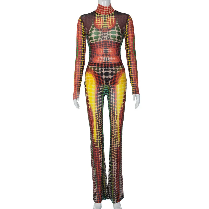 European And American-Style Cross-Border2023Summer New Women's Clothing Fashion Mesh Long SleeveTSlim-Fit Micro Flared Pants Suit for Women Wholesale