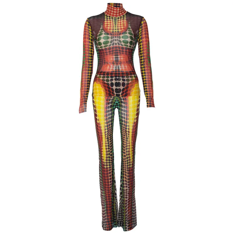 European And American-Style Cross-Border2023Summer New Women's Clothing Fashion Mesh Long SleeveTSlim-Fit Micro Flared Pants Suit for Women Wholesale