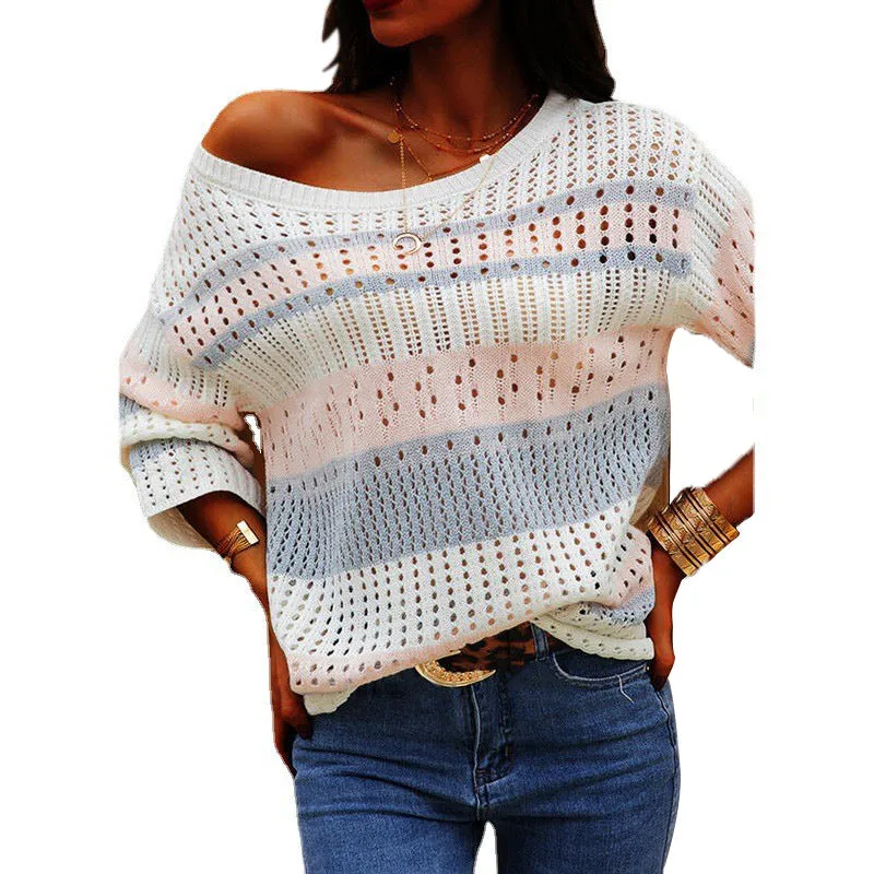 Eyelet Design Striped Knitting Pullover Top Wholesale Clothing Distributors