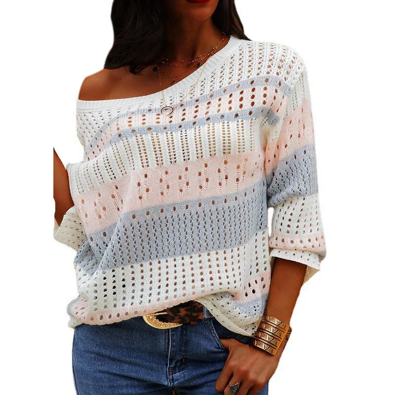 Eyelet Design Striped Knitting Pullover Top Wholesale Clothing Distributors