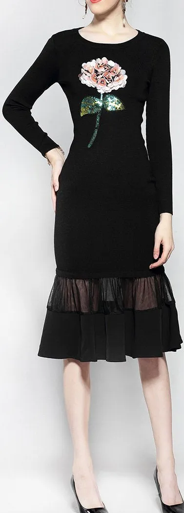 Flower-Applique Long-Sleeve Black Midi Dress