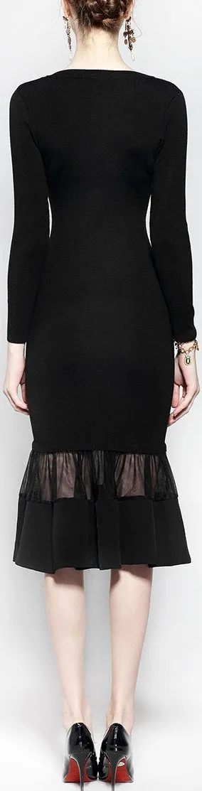 Flower-Applique Long-Sleeve Black Midi Dress
