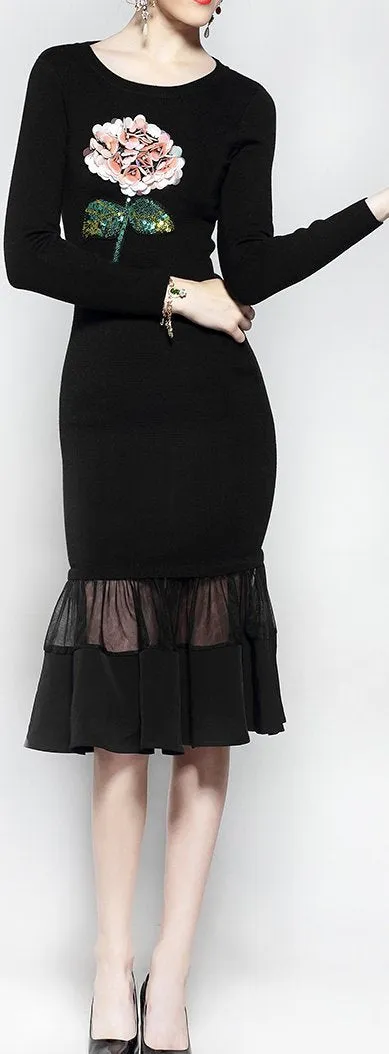 Flower-Applique Long-Sleeve Black Midi Dress