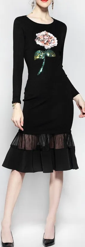 Flower-Applique Long-Sleeve Black Midi Dress