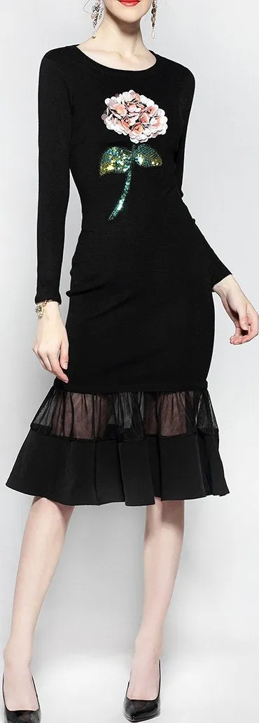 Flower-Applique Long-Sleeve Black Midi Dress