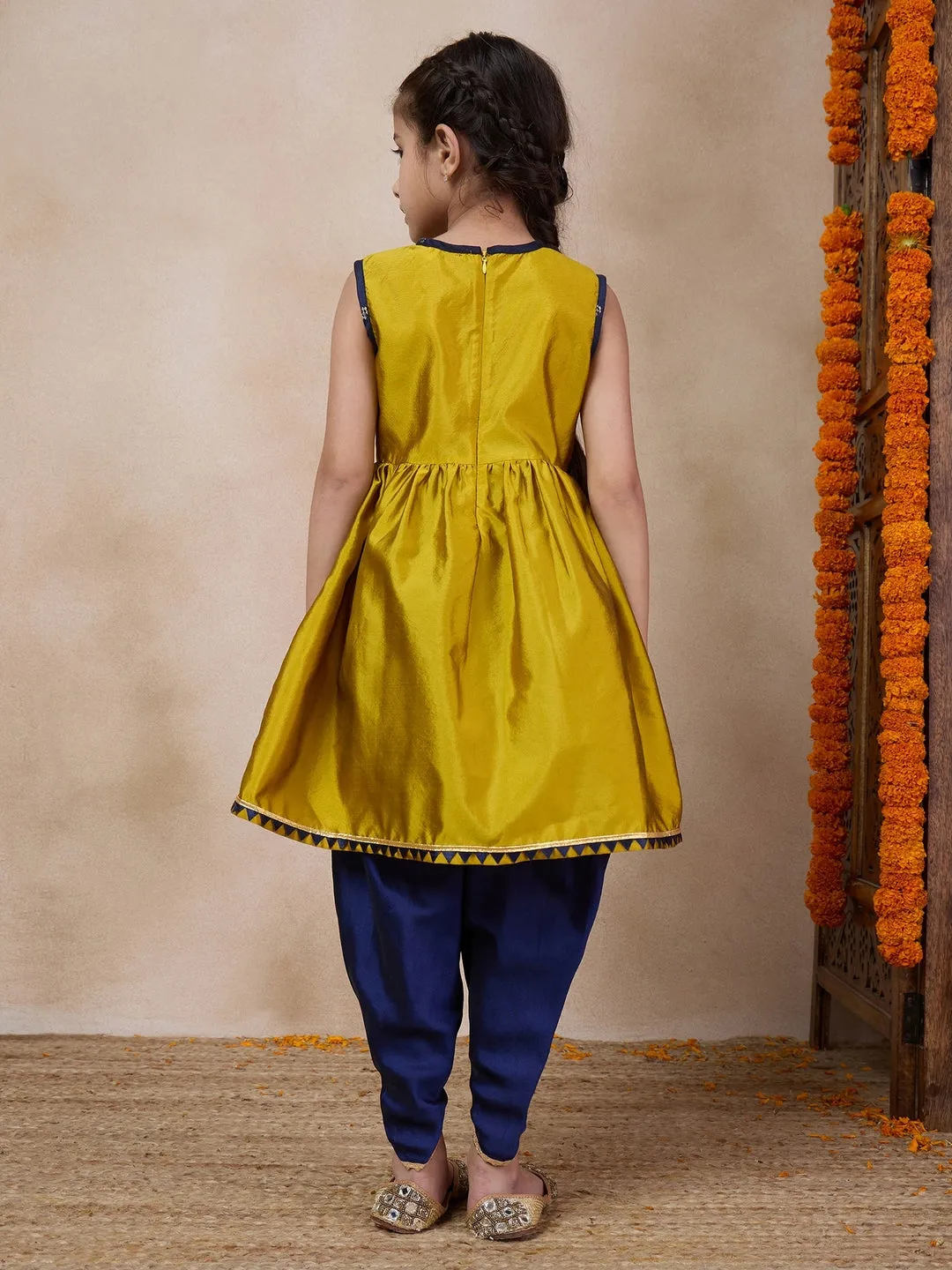 Girls Anarkali Round Neck Sleeveless Kurta With Dhoti Pants Jacket (DH-MUSTARDBLUECHANDERI)