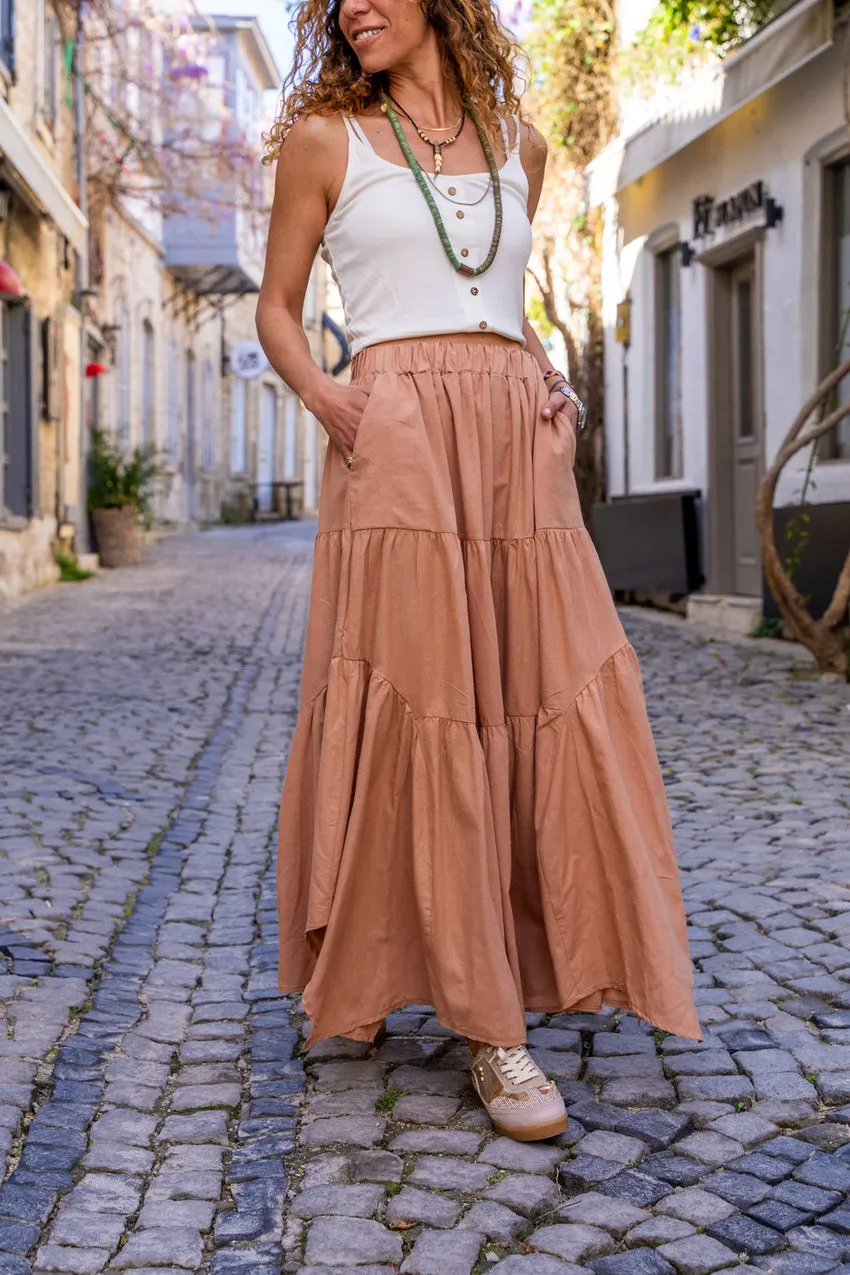 GNS Woman Camel Pocketed Elastic Waist Layered Voile Skirt BST700-3574 - Castrop-Rauxel