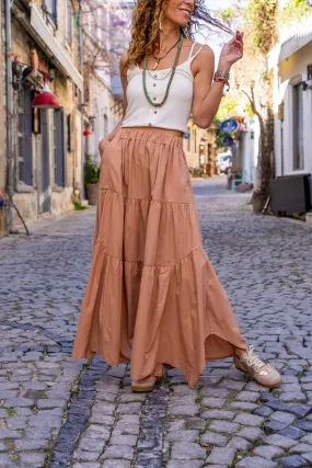 GNS Woman Camel Pocketed Elastic Waist Layered Voile Skirt BST700-3574 - Castrop-Rauxel