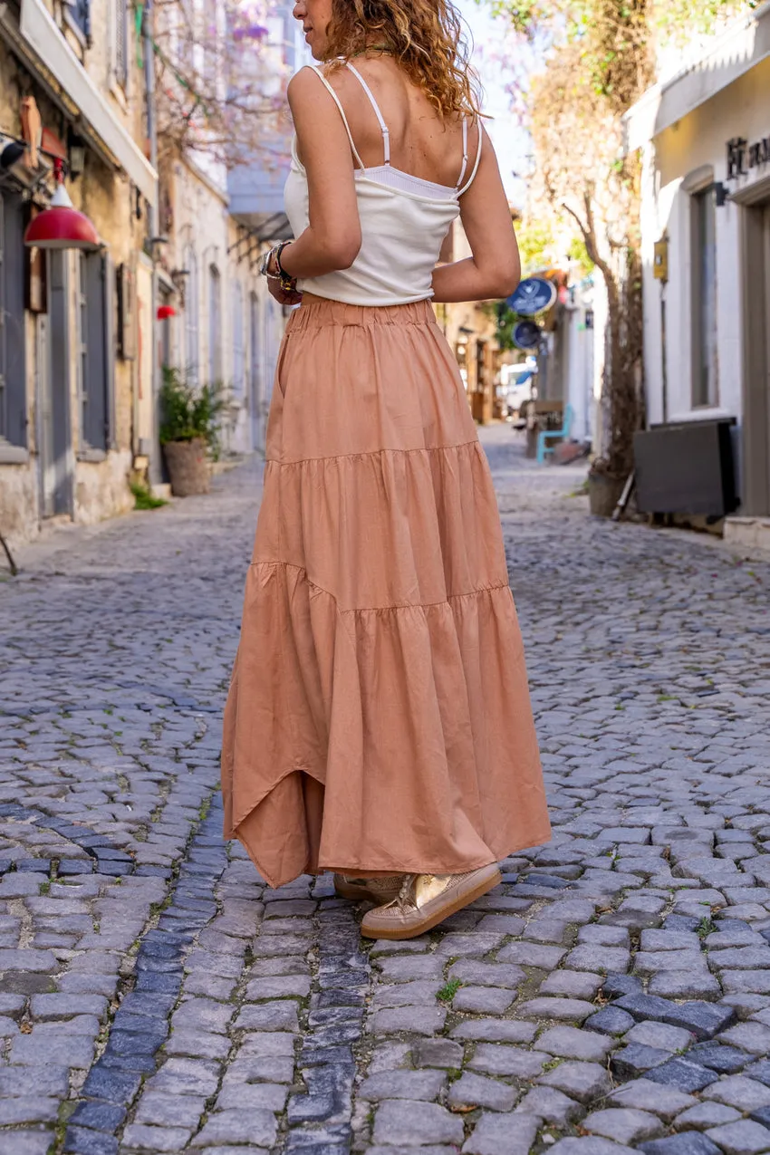GNS Woman Camel Pocketed Elastic Waist Layered Voile Skirt BST700-3574 - Castrop-Rauxel