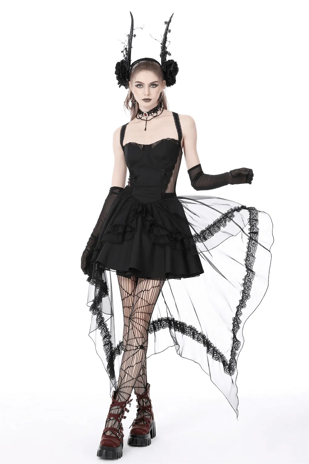 Gothic Swallowtail Dress with Lace and Layered Skirt