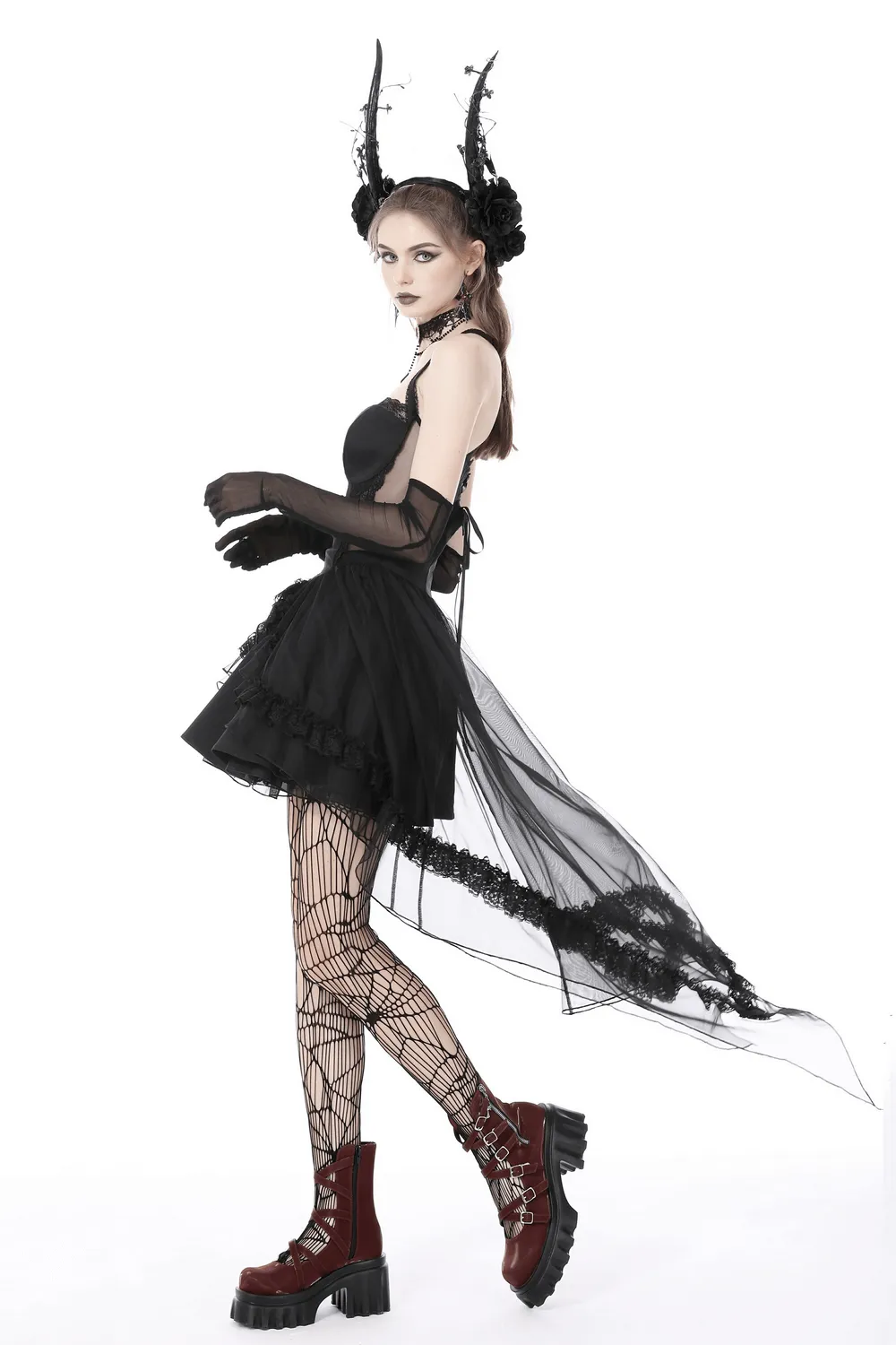 Gothic Swallowtail Dress with Lace and Layered Skirt