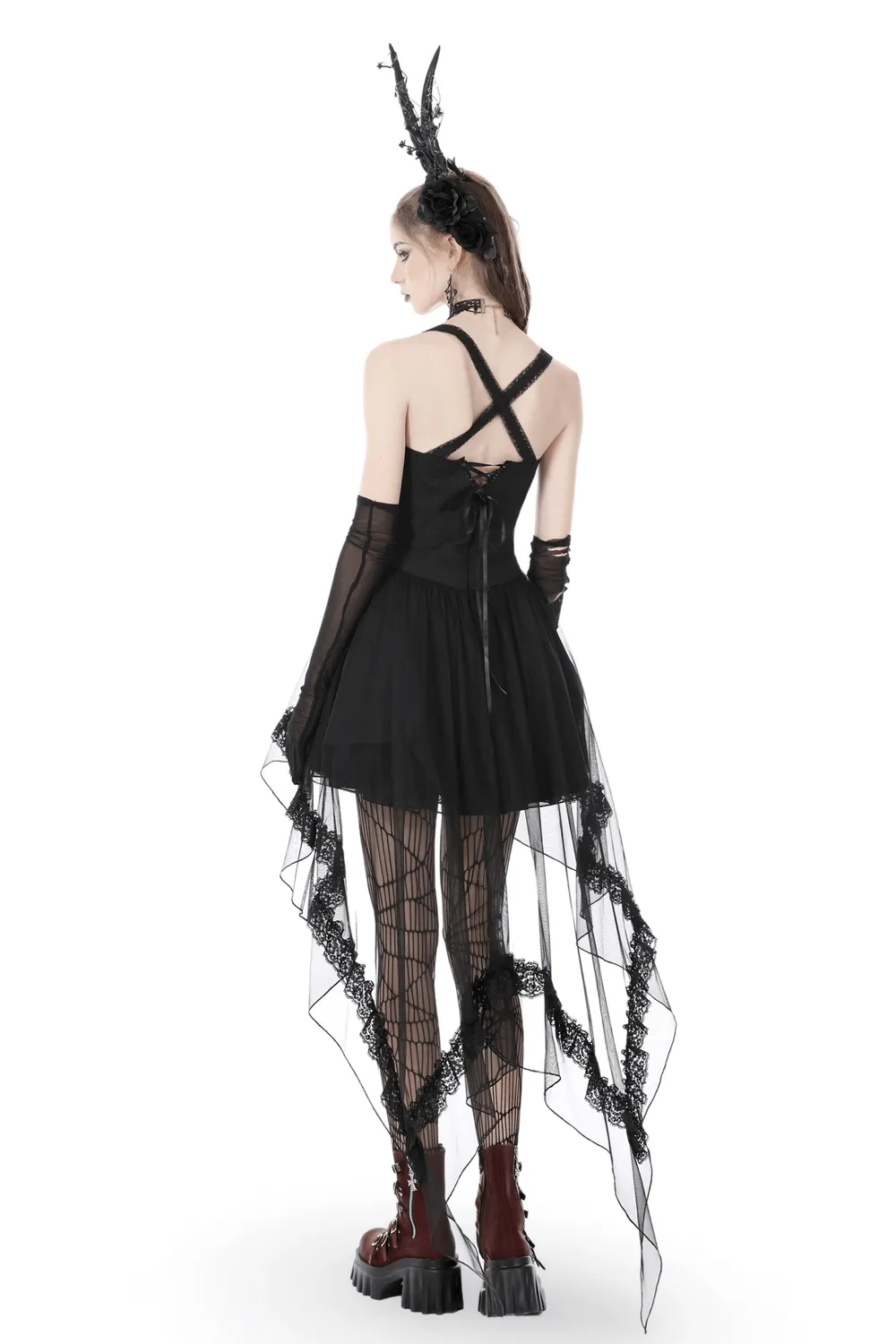 Gothic Swallowtail Dress with Lace and Layered Skirt