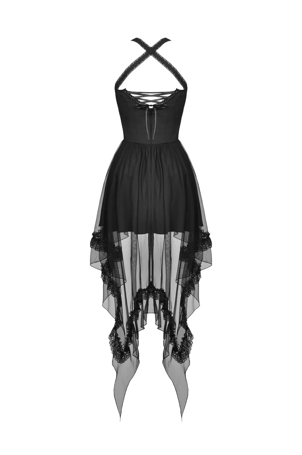 Gothic Swallowtail Dress with Lace and Layered Skirt