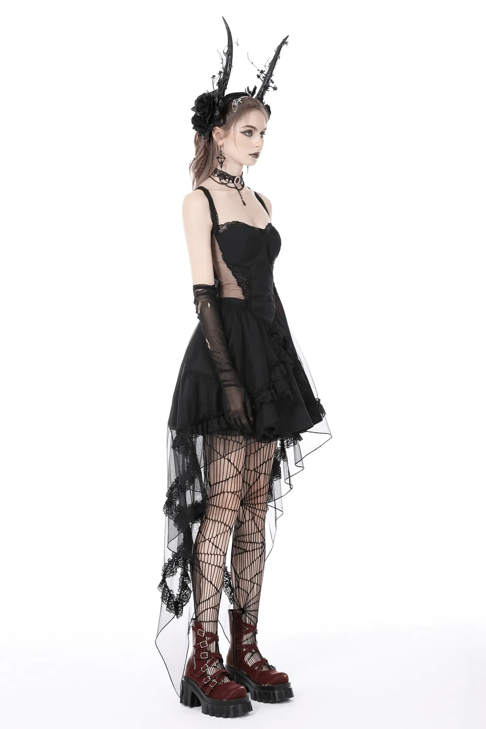 Gothic Swallowtail Dress with Lace and Layered Skirt