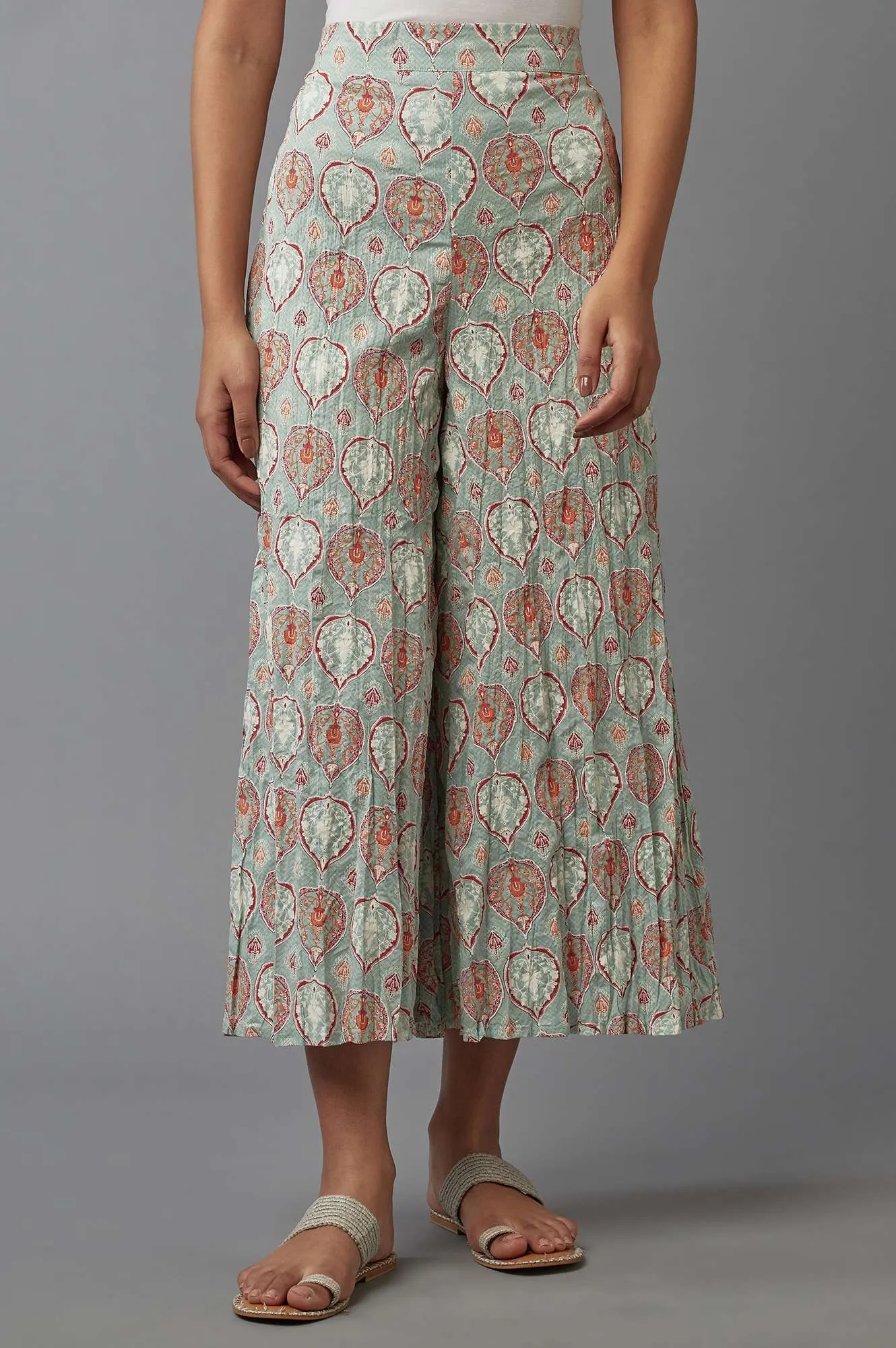 Green Floral Printed Flared Pants