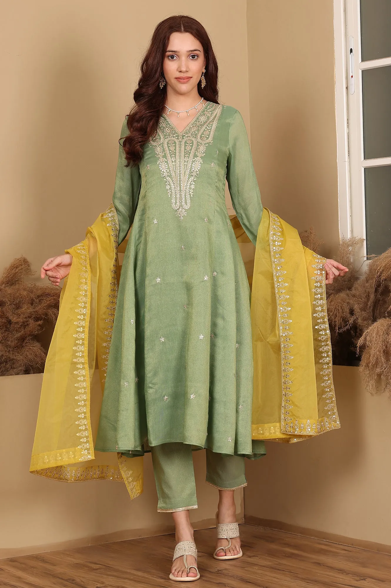 Green Metallic Embroidered Tissue Flared Kurta, Pants And Dupatta Set