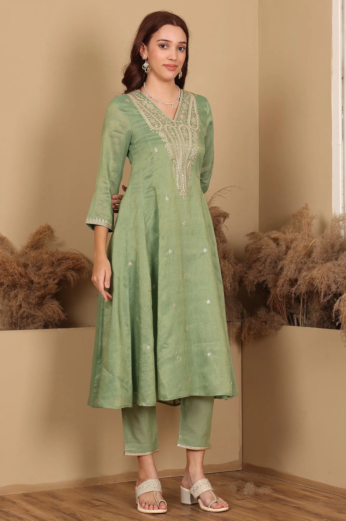 Green Metallic Embroidered Tissue Flared Kurta, Pants And Dupatta Set