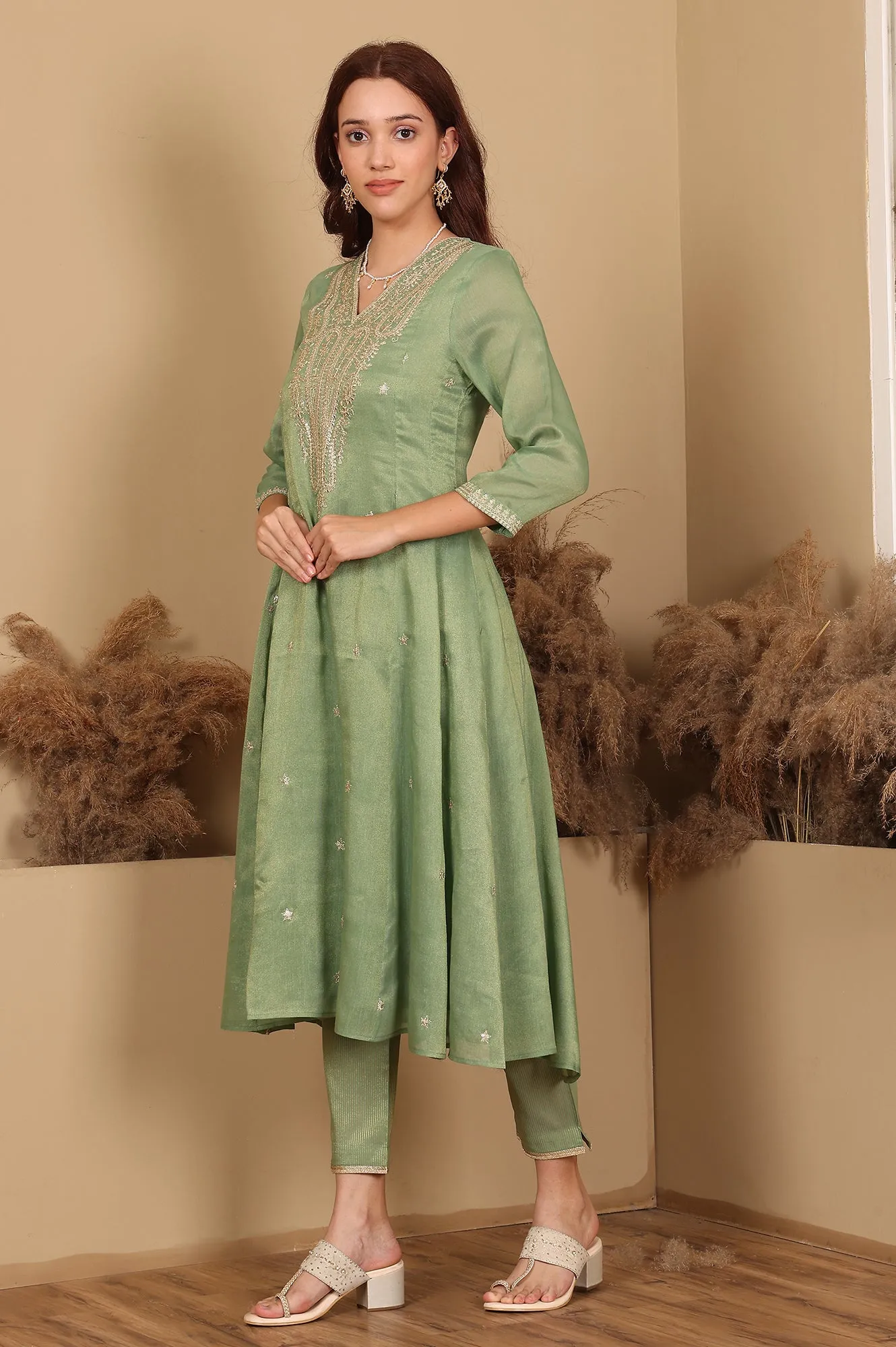 Green Metallic Embroidered Tissue Flared Kurta, Pants And Dupatta Set