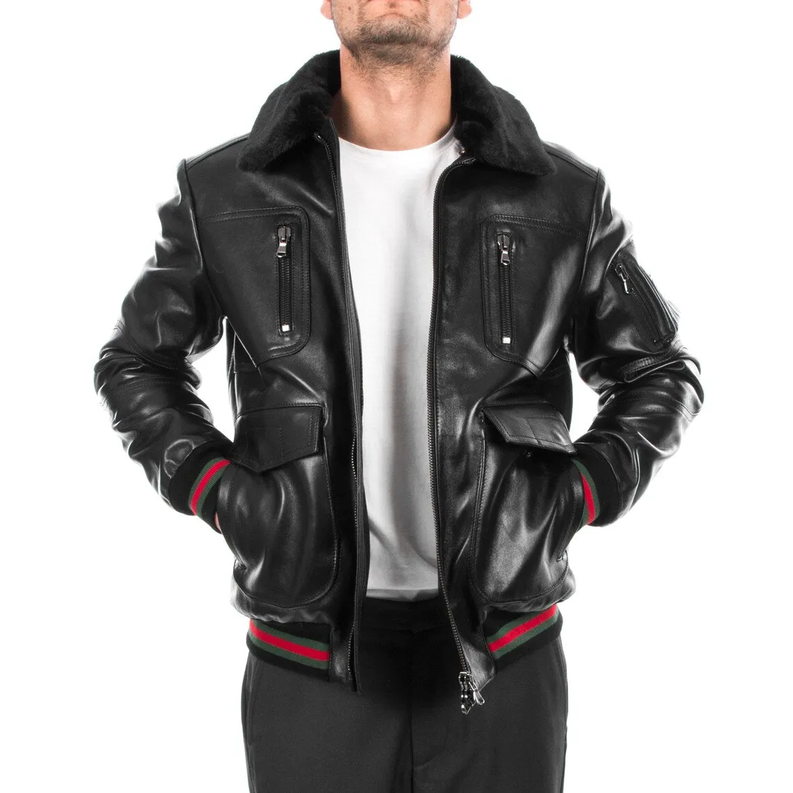Handmade Men's Genuine Lambskin Leather Bomber Jacket with Removable Fur Collar