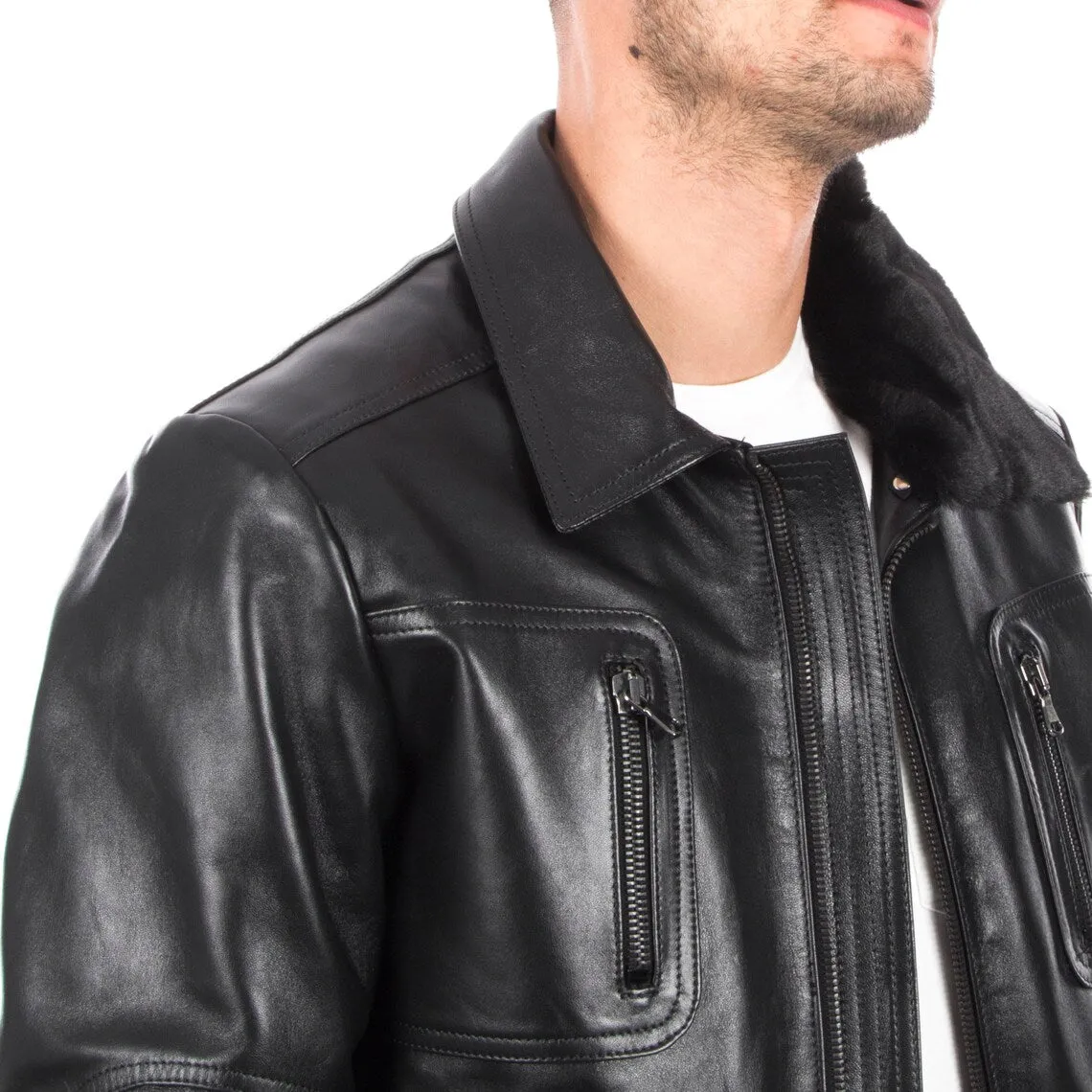 Handmade Men's Genuine Lambskin Leather Bomber Jacket with Removable Fur Collar
