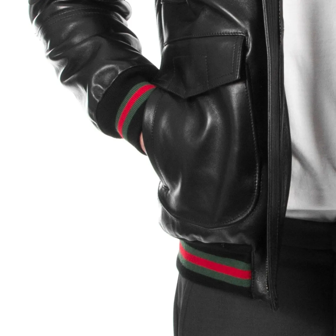 Handmade Men's Genuine Lambskin Leather Bomber Jacket with Removable Fur Collar