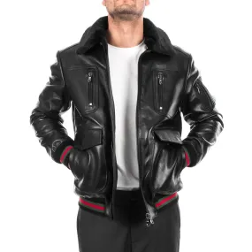 Handmade Men's Genuine Lambskin Leather Bomber Jacket with Removable Fur Collar