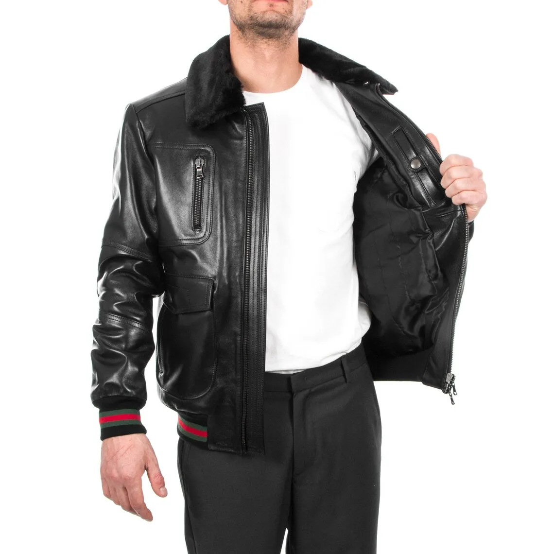 Handmade Men's Genuine Lambskin Leather Bomber Jacket with Removable Fur Collar