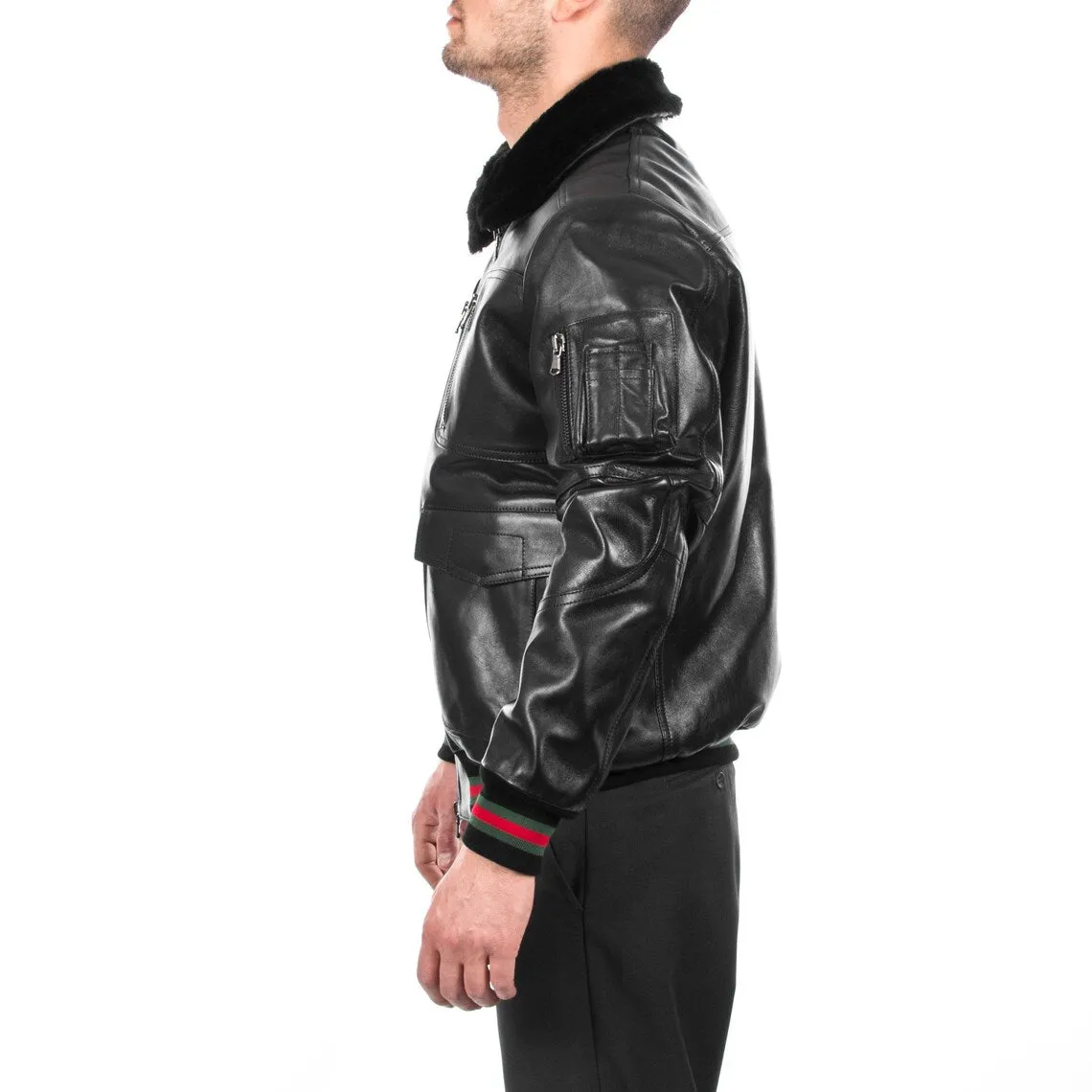 Handmade Men's Genuine Lambskin Leather Bomber Jacket with Removable Fur Collar