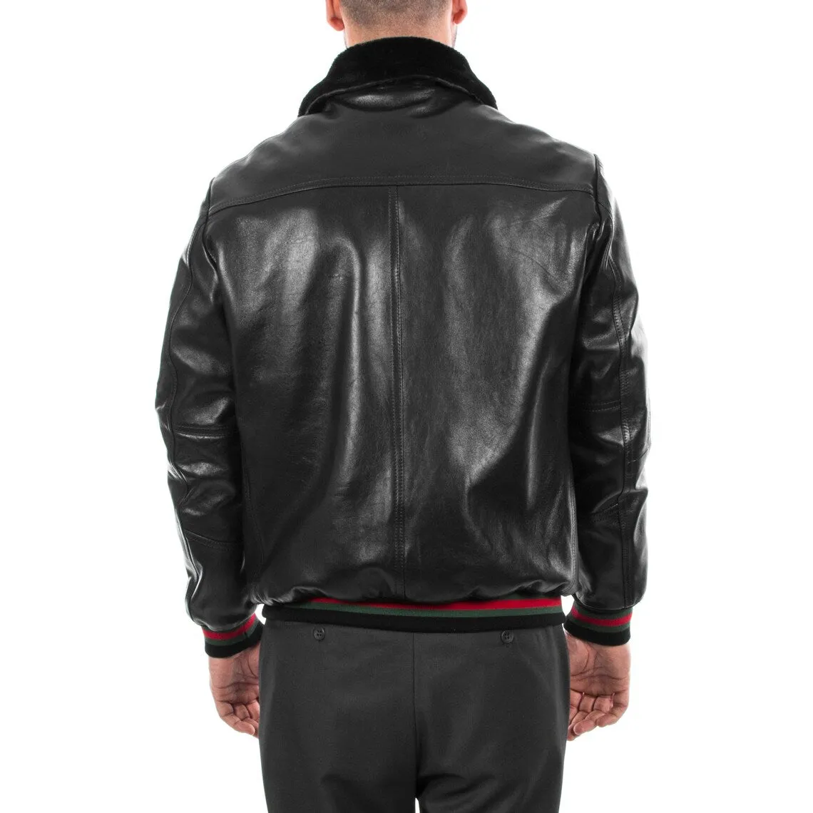 Handmade Men's Genuine Lambskin Leather Bomber Jacket with Removable Fur Collar