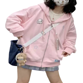 Harajuku Kawaii Pink Zip-Up Hoodie Women Cute Cartoon Beige Oversize Hooded Sweatshirts Korean Fleece Girly Blue Top Sweet
