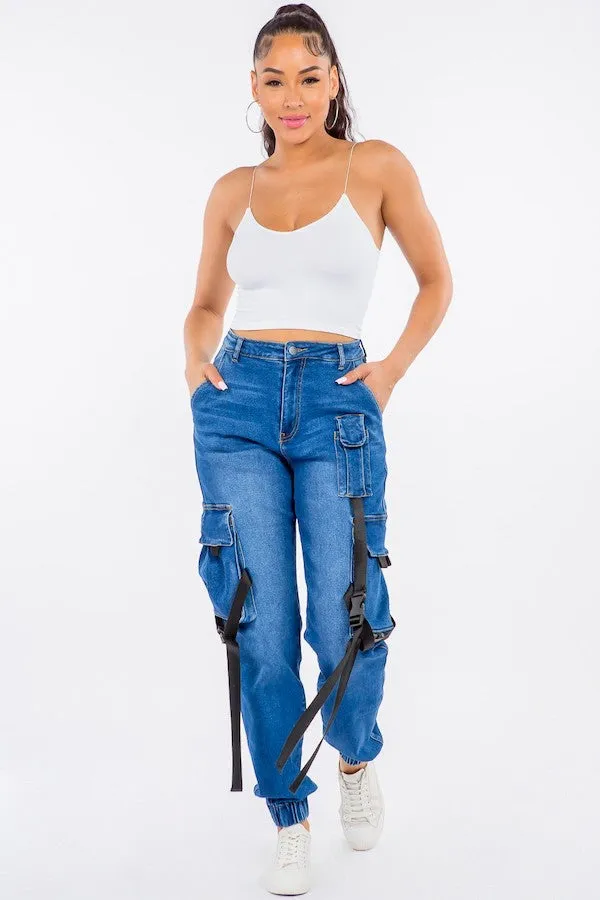 High Waist Cargo Style Denim Joggers