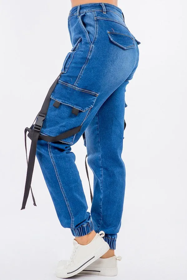 High Waist Cargo Style Denim Joggers