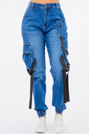 High Waist Cargo Style Denim Joggers