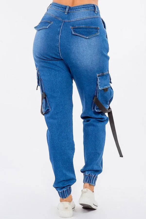 High Waist Cargo Style Denim Joggers