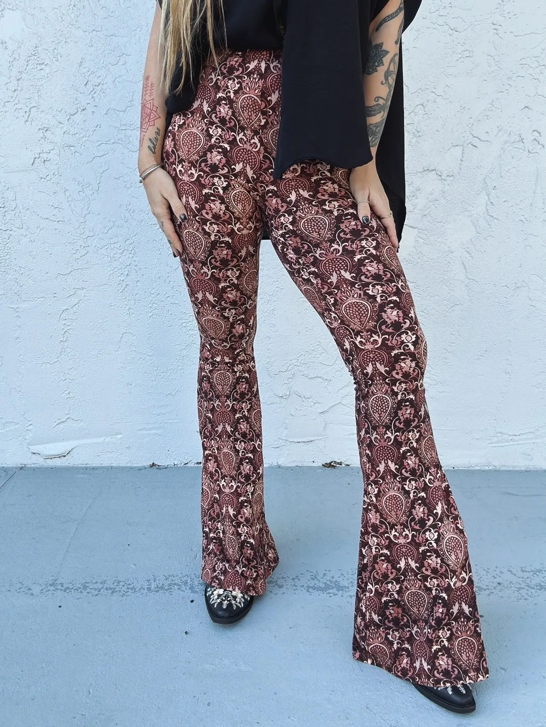 Hitchin' A Ride Baroque Print Bell Bottom Flare Pants