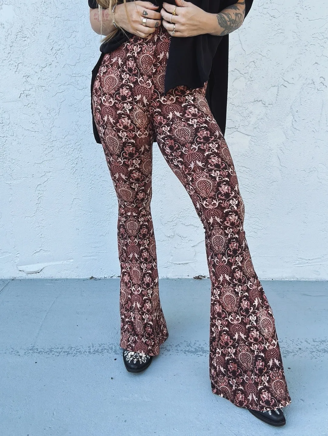 Hitchin' A Ride Baroque Print Bell Bottom Flare Pants