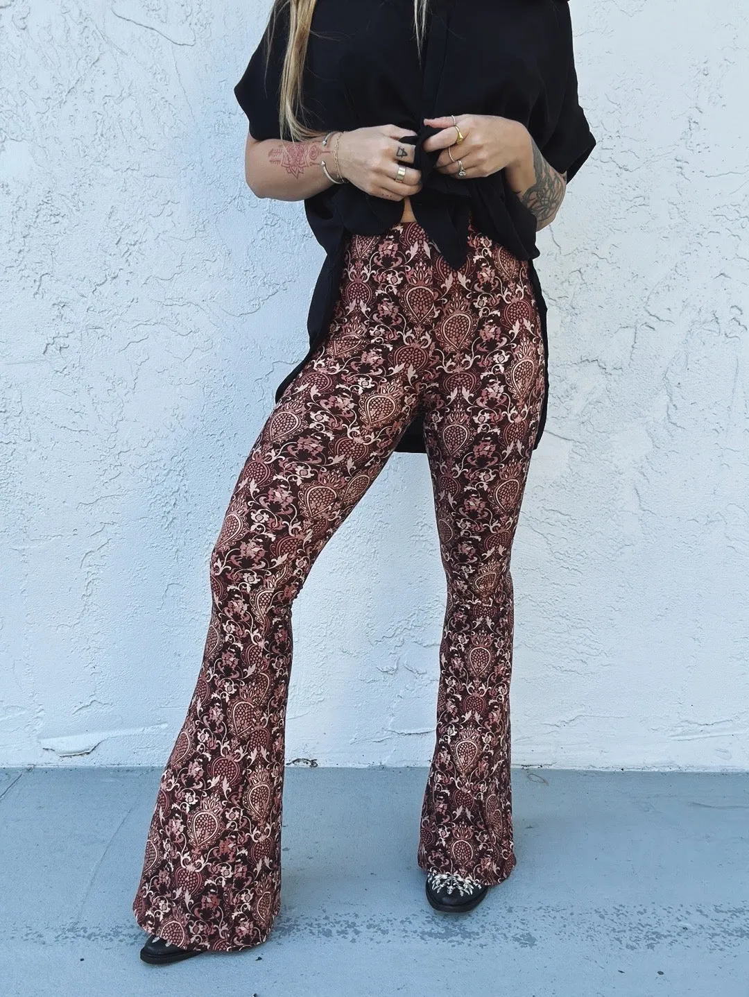 Hitchin' A Ride Baroque Print Bell Bottom Flare Pants