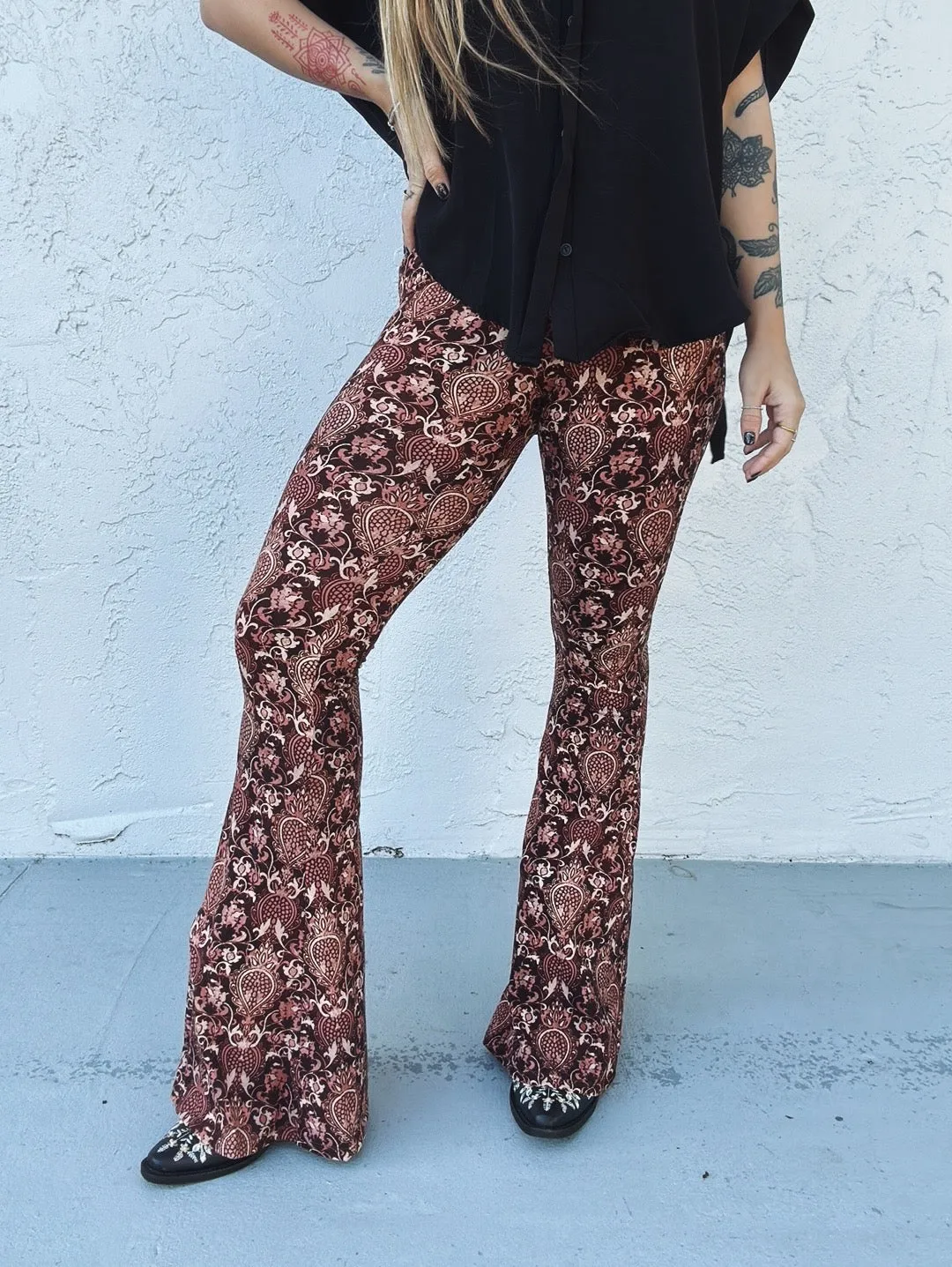 Hitchin' A Ride Baroque Print Bell Bottom Flare Pants