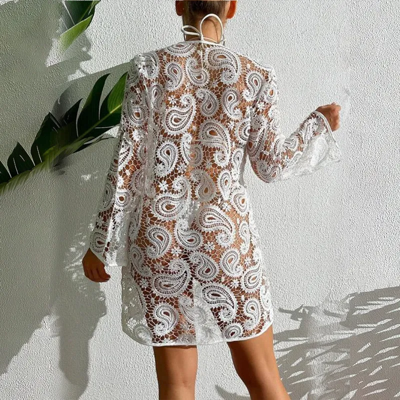 Hollow Out Low Neck Sun Protection Cover-up Beach Skirt
