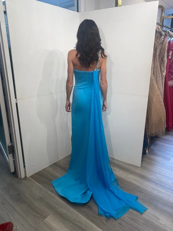 Jovani 08230 Pageant Dress Size 00 Turquoise Long High Slit Cape Formal One Shoulder Scuba Gown One Shoulder