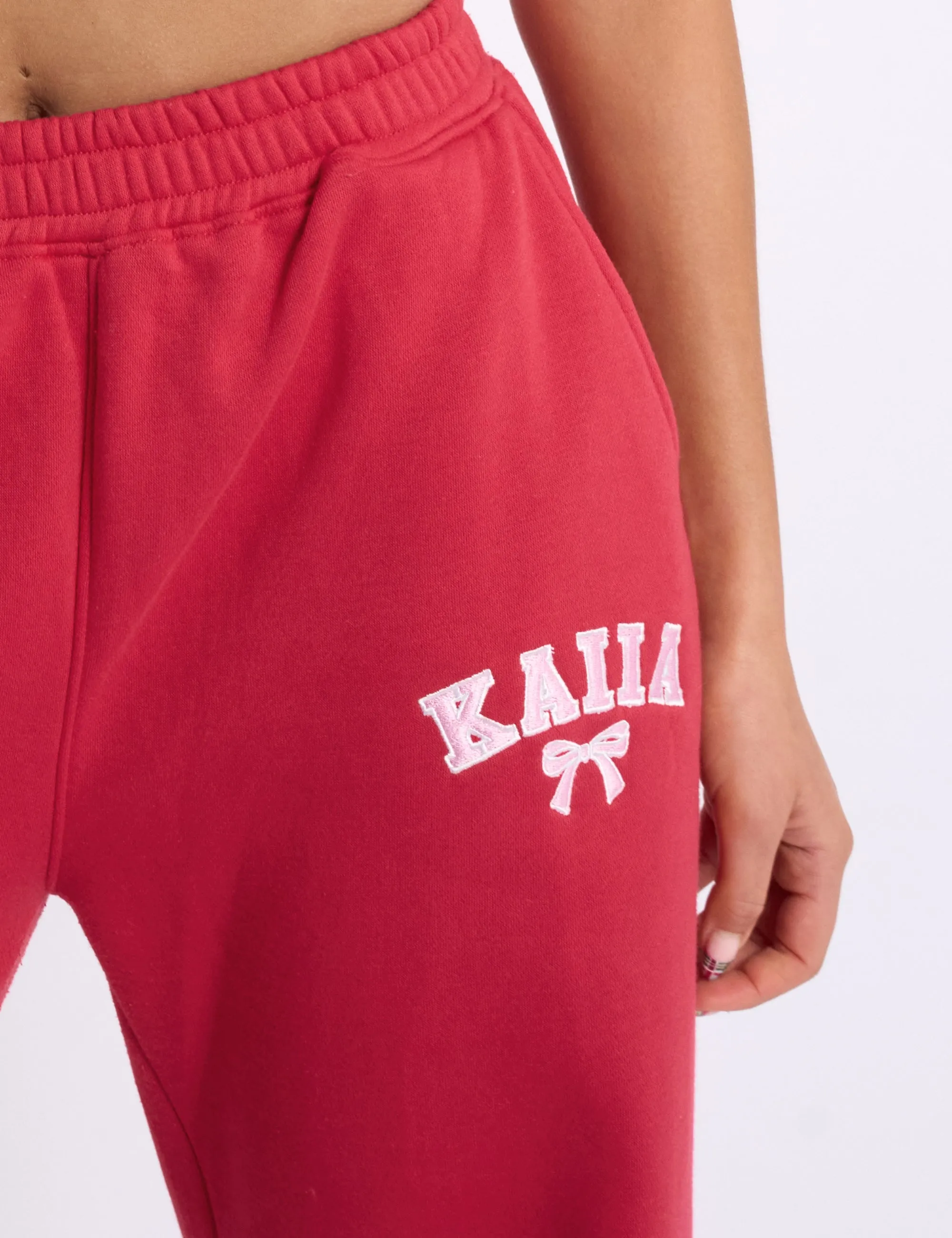 Kaiia Bow Embroidered Wide Leg Joggers Red & Baby Pink