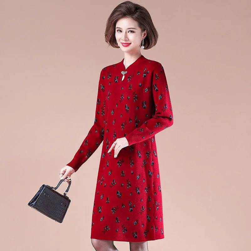 Key Hole Neck Long Sleeve Knee Length A-line Floral Knit Dress