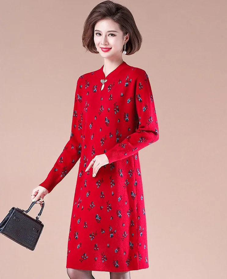 Key Hole Neck Long Sleeve Knee Length A-line Floral Knit Dress