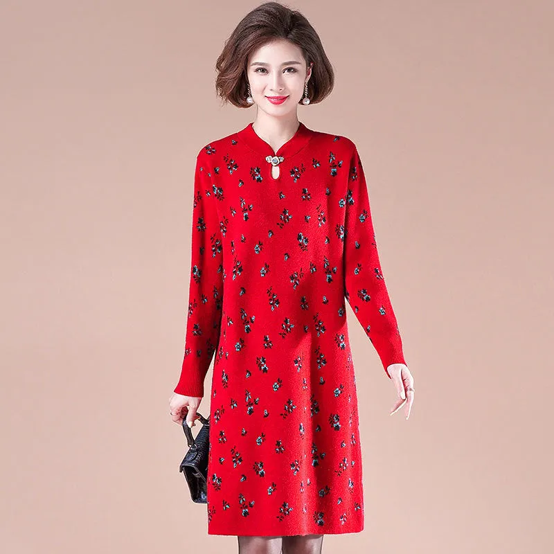 Key Hole Neck Long Sleeve Knee Length A-line Floral Knit Dress