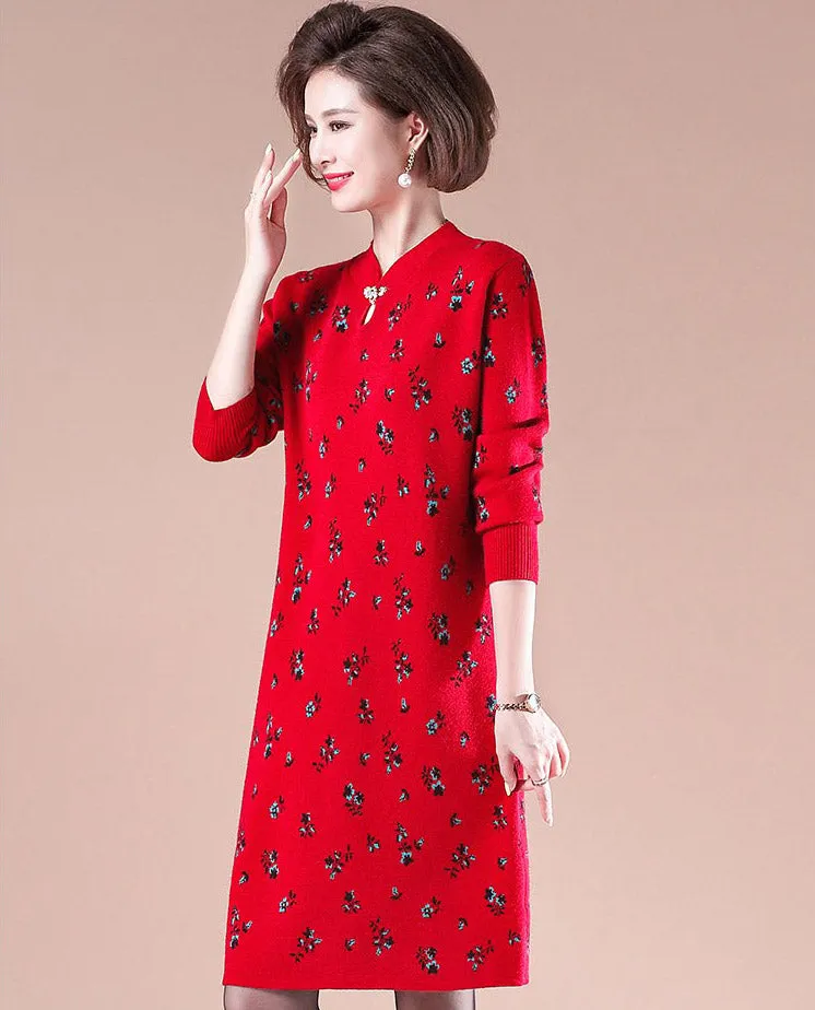 Key Hole Neck Long Sleeve Knee Length A-line Floral Knit Dress