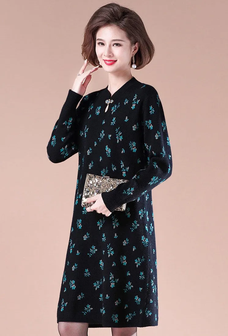 Key Hole Neck Long Sleeve Knee Length A-line Floral Knit Dress