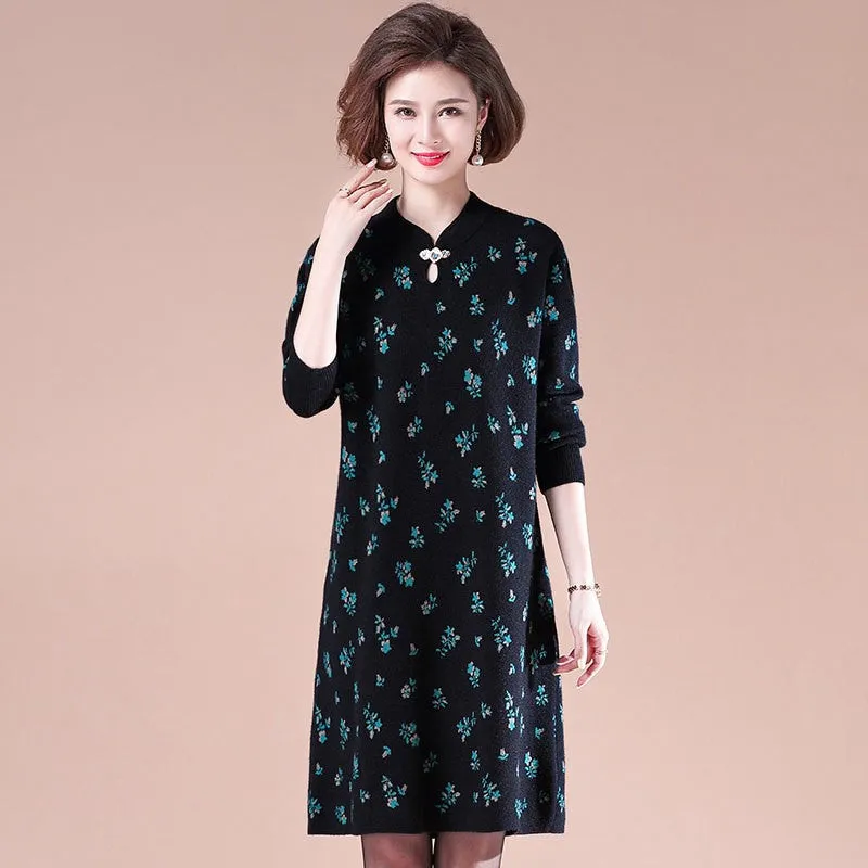 Key Hole Neck Long Sleeve Knee Length A-line Floral Knit Dress
