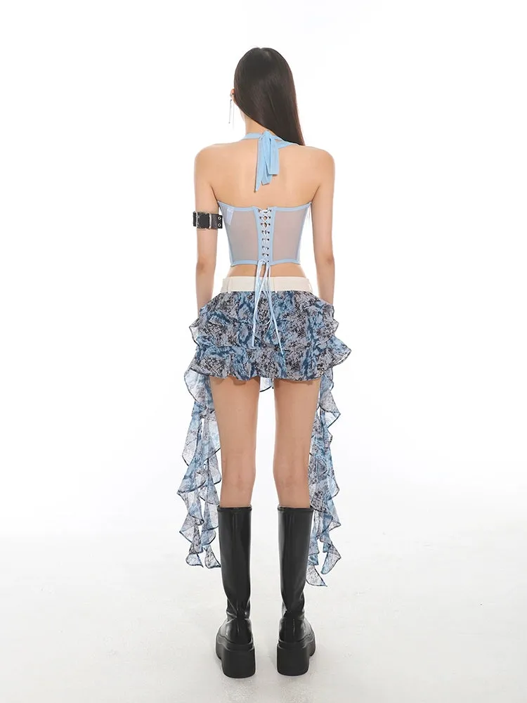Layered Ruffle Mini Skirt with Ruffle Tassel Tie Detail