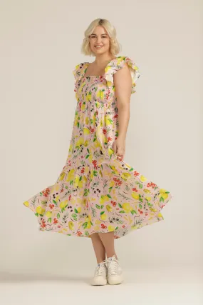 Linen Lemon Print Shirred Dress